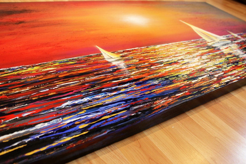 MADE TO ORDER Original Nautical Painting 48x24 Canvas Acrylic Sail Boats Sunset Beach Abstract Fine Art by Federico Farias