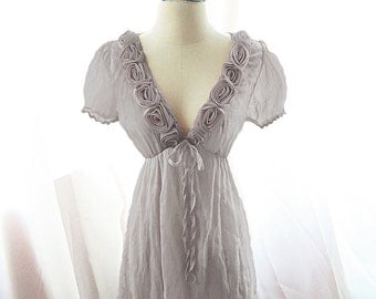 Dusty Gray Marie Antoinette Romantic Kimono Dress Rosette Nostalgia Alice in Wonderland Tea Party Dusk Puff Sleeve Chiffon Dress