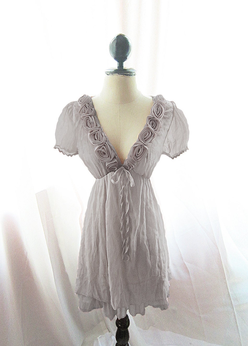 Dusty Gray Marie Antoinette Romantic Kimono Dress Rosette Nostalgia Alice in Wonderland Tea Party Dusk Puff Sleeve Chiffon Dress