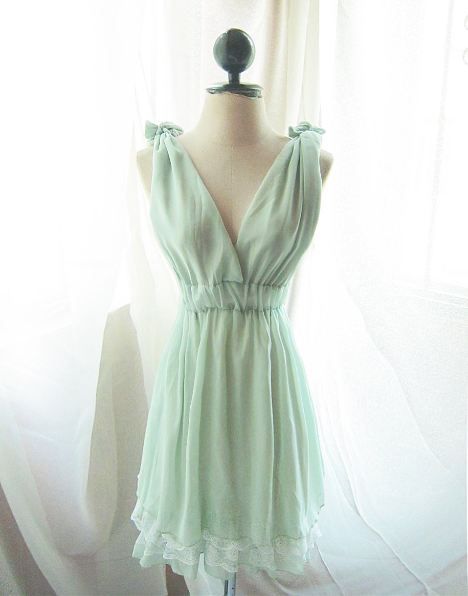 Marie Antoinette Mint Green Dress Dreamy Soft Peaceful Misty Romantic Pale Chantilly Pistachio Morning Dew Chiffon Lace Hem Dress
