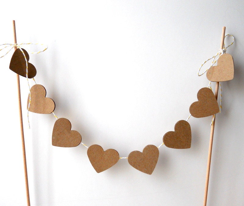 Cake Bunting, 12" of Kraft Hearts - Wedding Decor, Cake Topper, Rustic, Natural, Nature, Primitive, Brown, Farmhouse, Baker's Twine, Dowels