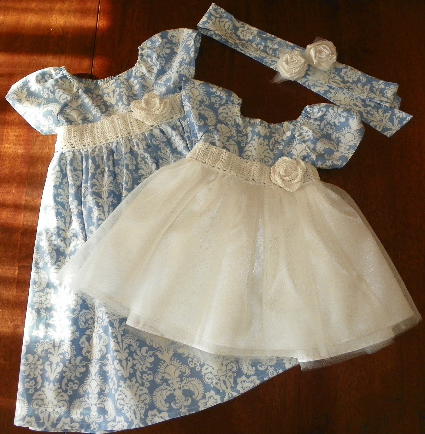 Dress girls- toddler- Flower Girl- Damask and Tulle with crochet or satin sash, Wedding ,formal Blue ,Plum, many colors
