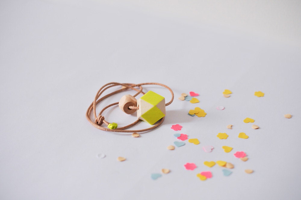Geometric wooden bead necklace . Neon yellow handpainted
