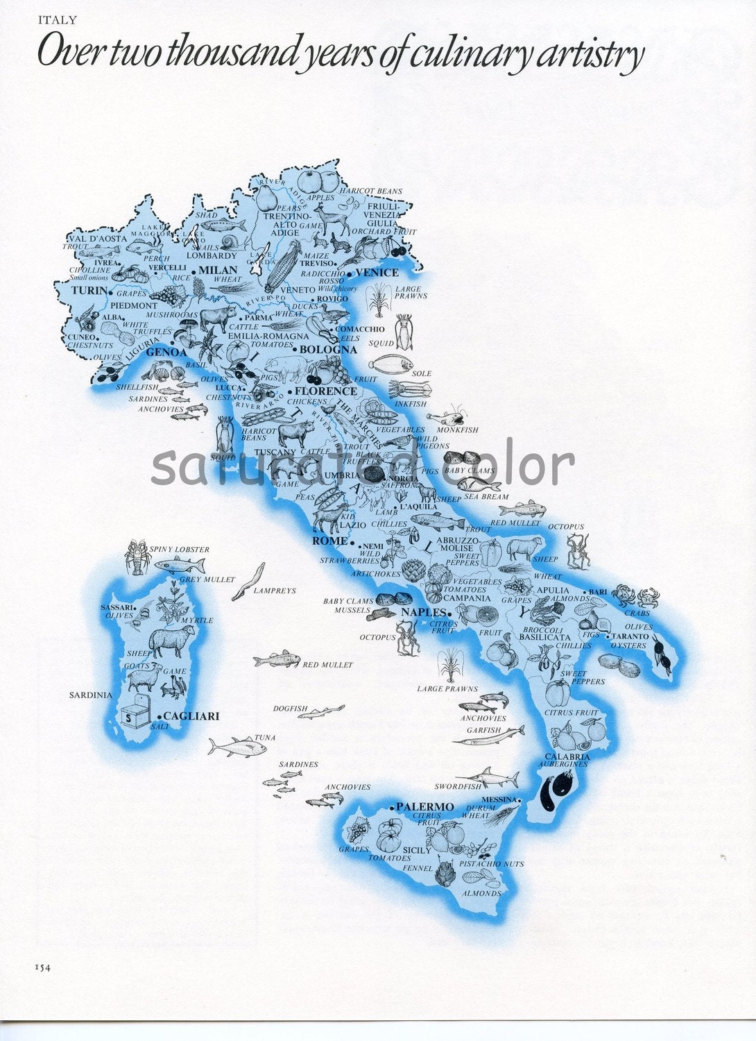 Italy Map - Vintage Italy 1960s Food map - Sicily - Sardinia -  Italian Food - Chef - Foodie - Cook - Regional Food Picture Map