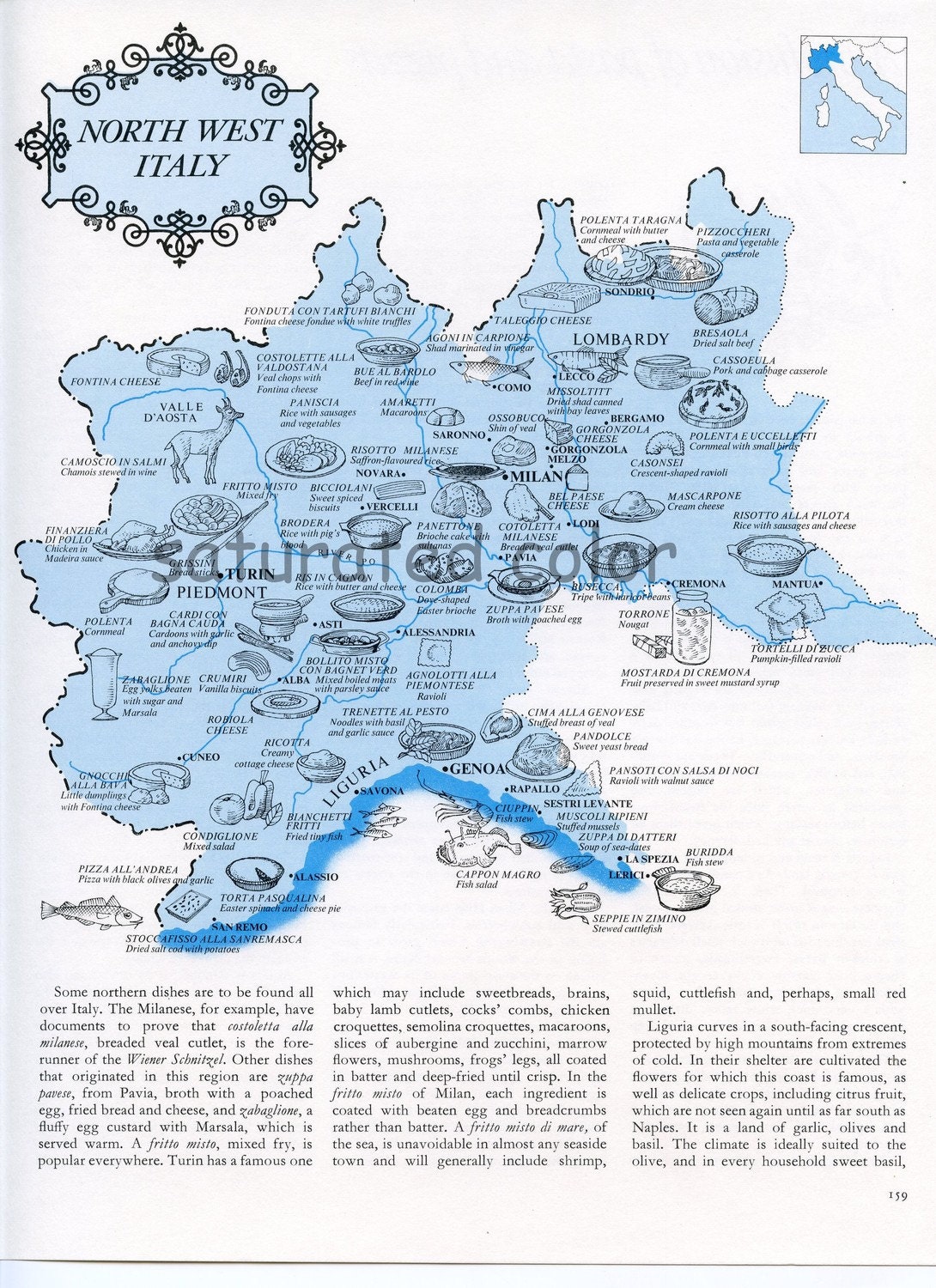 ITALY Map - North West Italy Vintage Food Map - Turin - Genoa - Lombardy - 1960s