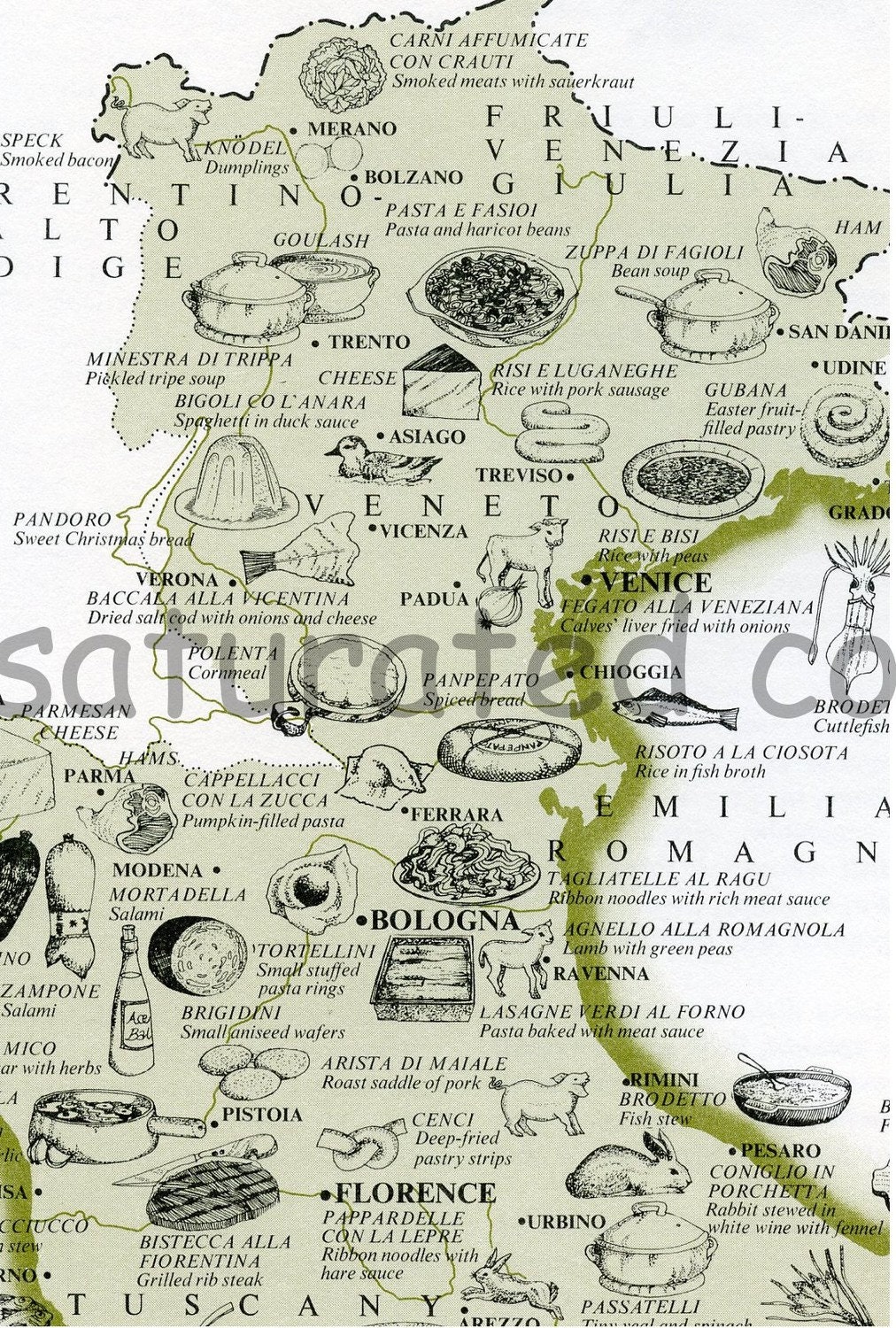 Vintage Italy Map - Florence Tuscany Food Map  - North East Italy 1960s Food Map - Bologna - Florence - Venice - Tuscany