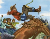 Cowboy Print Vintage - Cowboy Riding Bucking Horse - Corral - 1958 - Beautiful Children's Vintage Cowboy Illustration