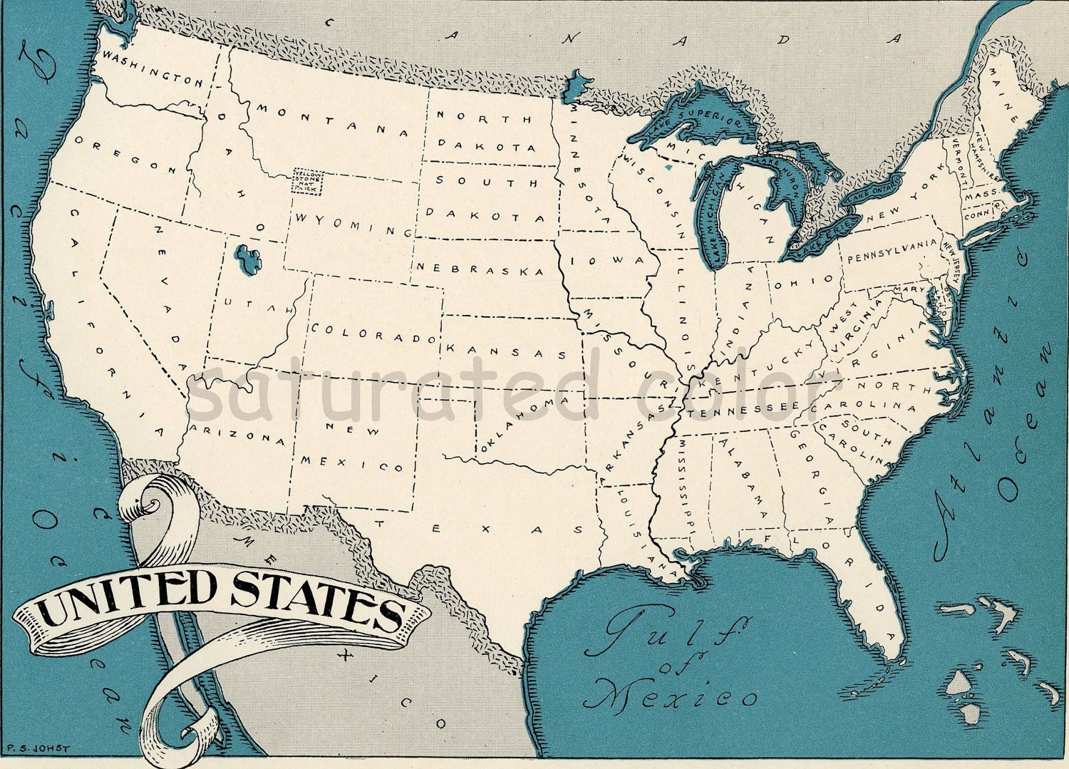 USA United States Map Vintage 1930s Original Map - Antique USA United States Map - Charming - Fun - SaturatedColor
