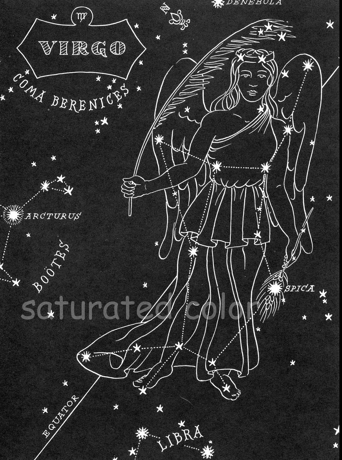 Virgo Night Sky Star Chart Map - Zodiac Constellation Stars  from 1948 Astronomy Textbook