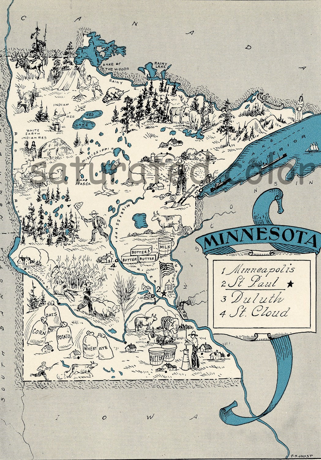 Minnesota Map Vintage - Map Art - High Res DIGITAL IMAGE of a 1930s Vintage Picture Map - Turquoise Aqua - Charming & Fun