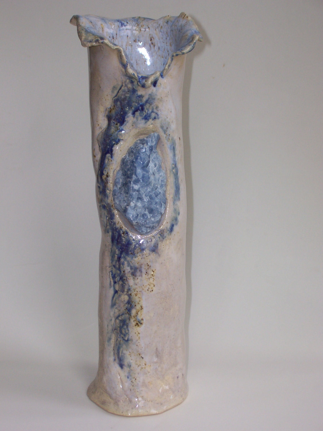 Tall White Blue Ceramic Vase  Blue Stone Pottery Organic Rustic Clay Handbuilt Vessel