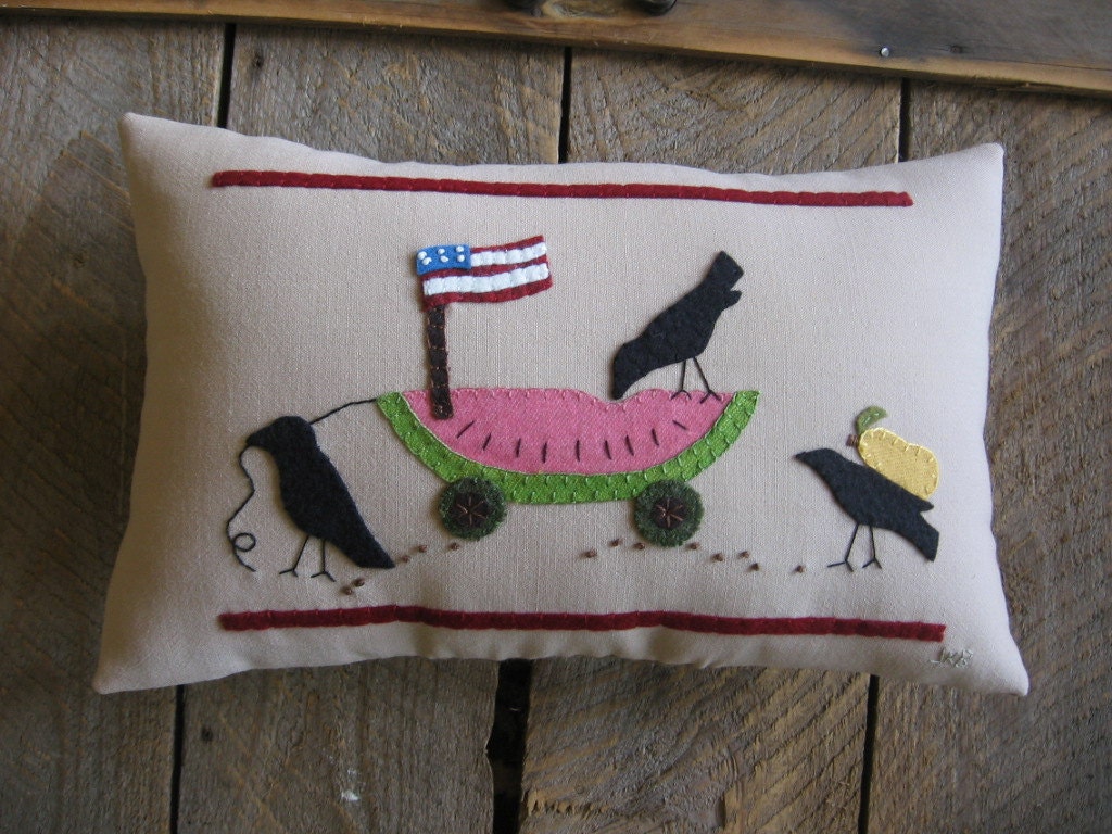 Summer Time Party Wool Applique Pillow with Flag  Watermelon Pear  Crow