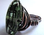 Copper Wire Wrap Ring Green Glass Fashion Jewelry