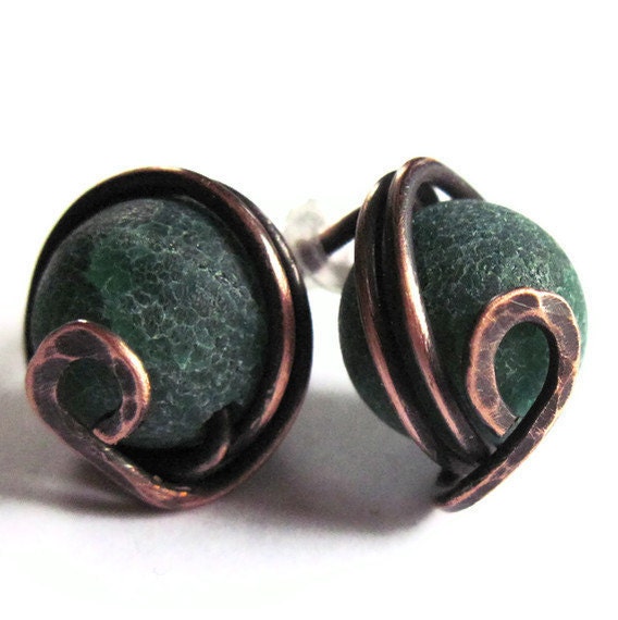 Copper Post Earrings Teal Agate Wire Wrapped Fashion Jewelry