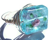 Wire Wrap Ring Turquoise Glass Flower Fashion Jewelry