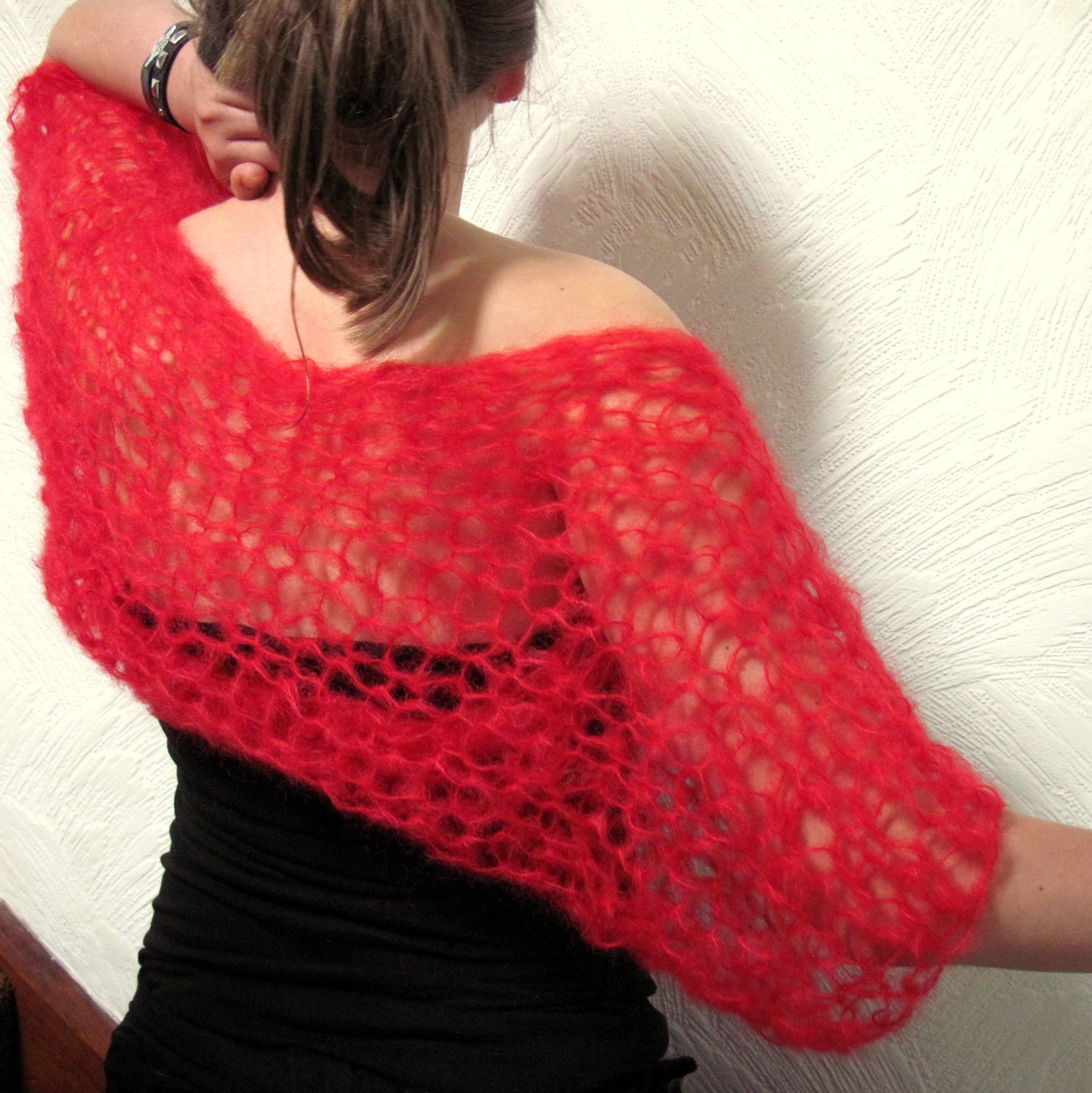 Hand Knitted Shrug Red Mohair Women Luxury Fashion Clothing