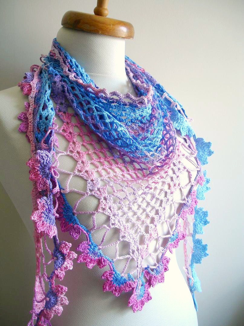 Mothers Day Gift Scarf, Spring And summer, Merserized Triangle  Lilac and Blue Scarf  By Crochetlab,
