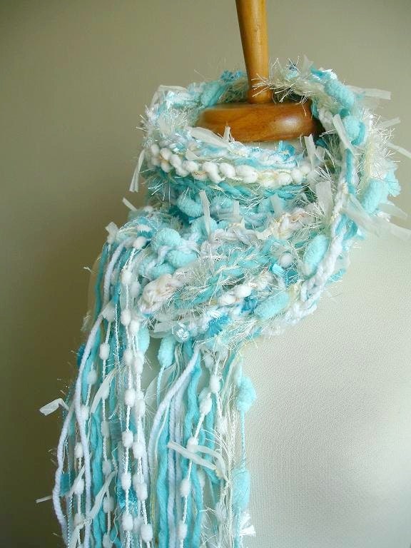 Long Scarf With Flurry  Fringes, Light blue and White ,  Ready to Ship, EXPRESS Shipping, New Season, Chunky Knits