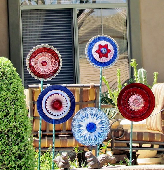 SALE Garden Art Glass Yard Stake Red White Blue Outdoor Decor UpCycled ReCycled