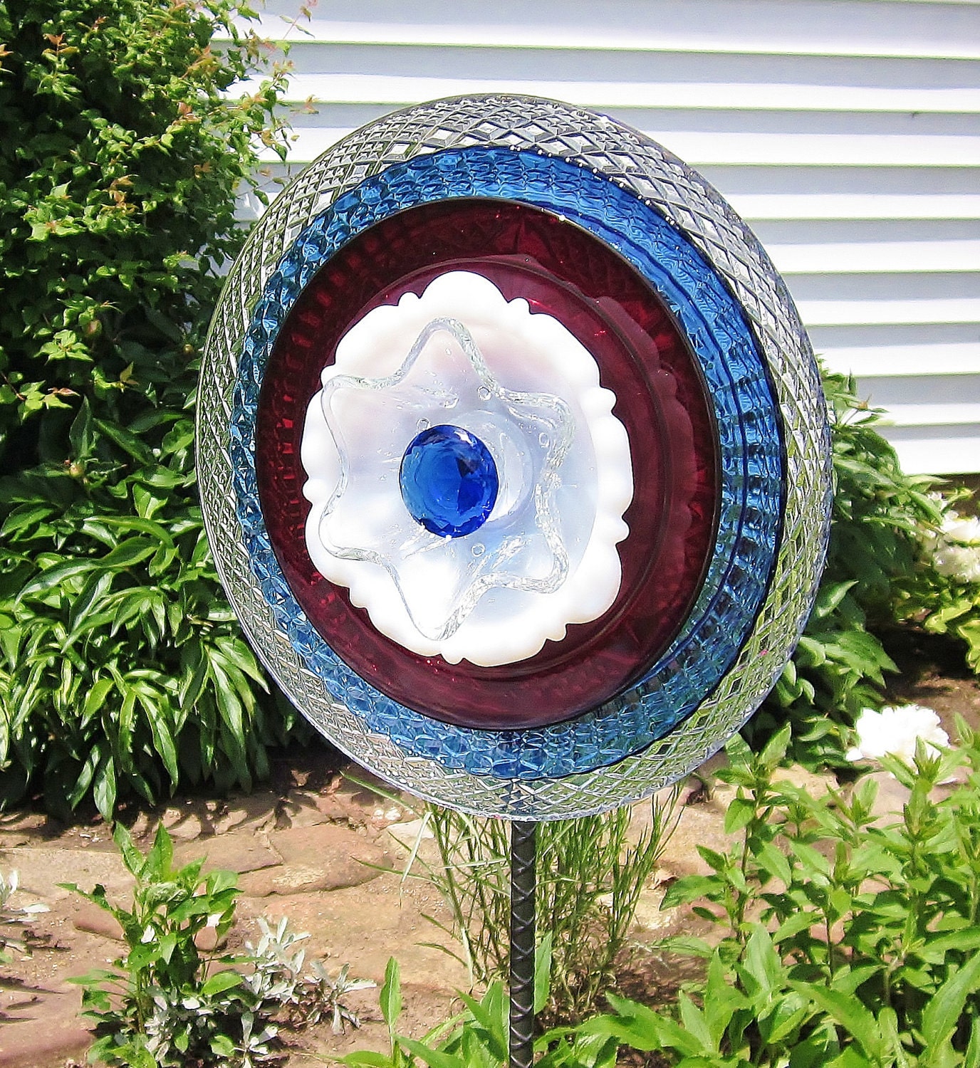 SALE Garden Art Glass Yard Stake Red White Blue Outdoor Decor UpCycled ReCycled