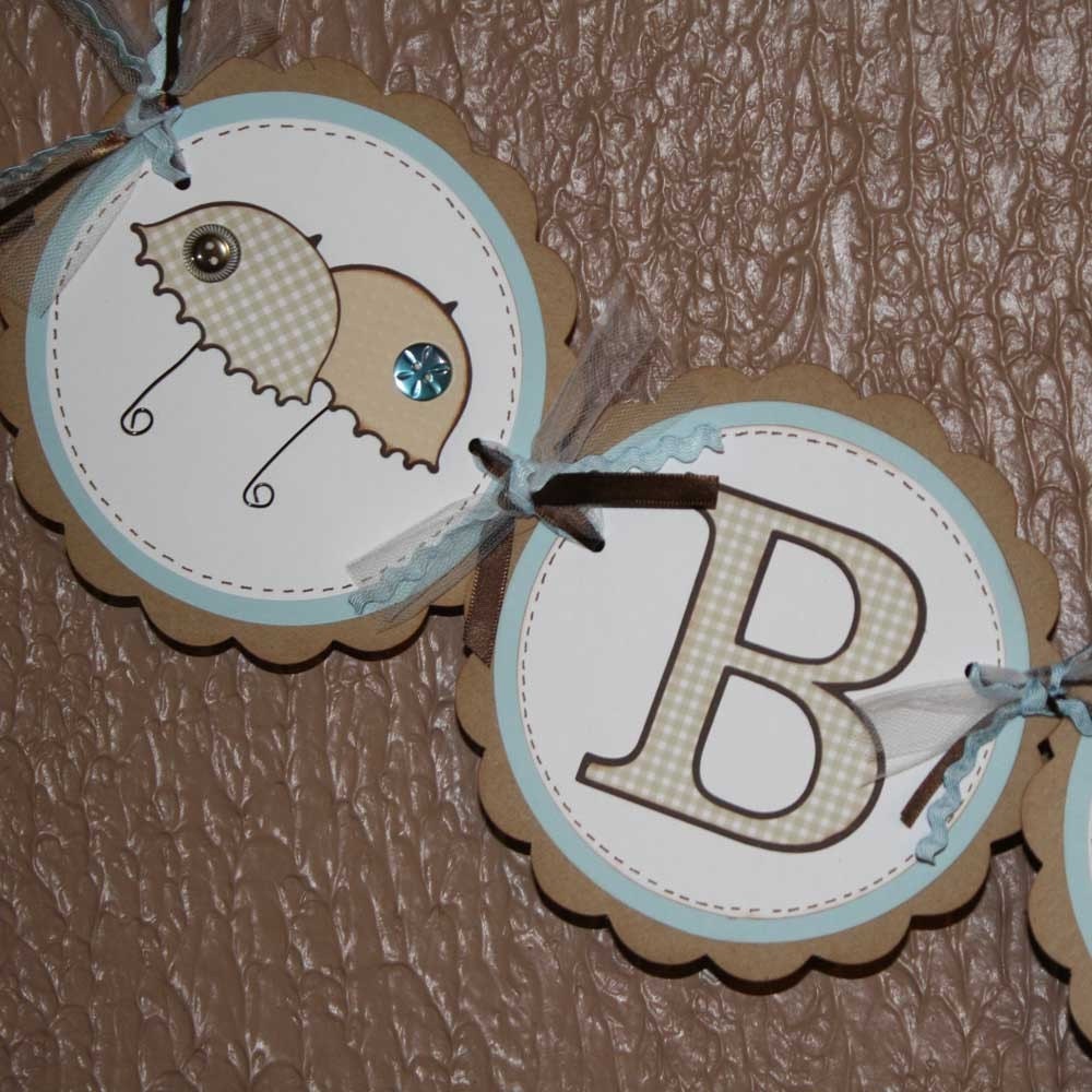 Baby Shower Banner - umbrellas, ribbon, blue and tan
