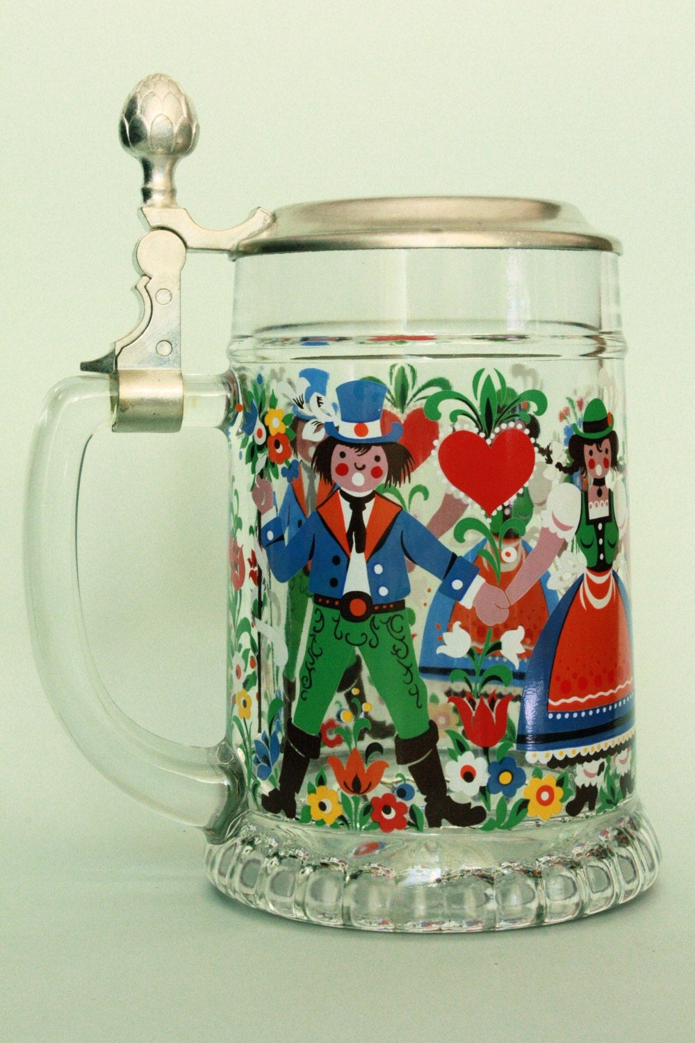 Vintage Beer Mug Oktoberfest Folk Art with Pewter Lid BMF