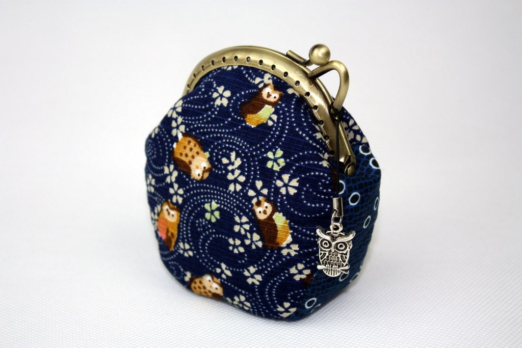 Coin Purse - Owls & Blooming Sakura - Cotton Fabric in Blue with Metal Frame (Credit Card Purse)