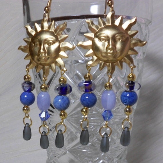 Gold Earrings Chandelier Earrings with Blue Beads