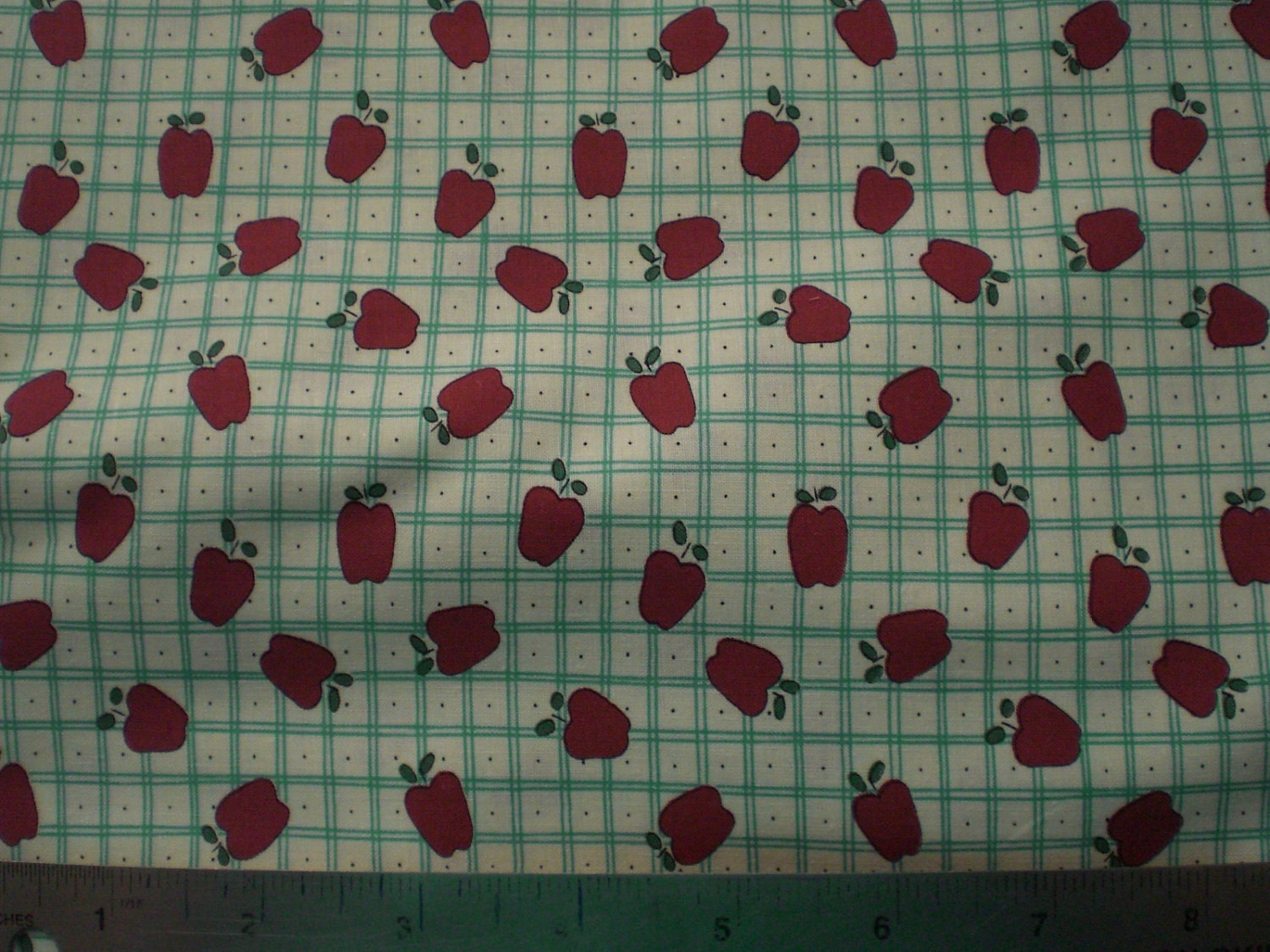 Red Apple Green Check Print Fabric by Cheri for SSI 100 percent cotton Cute As A Button