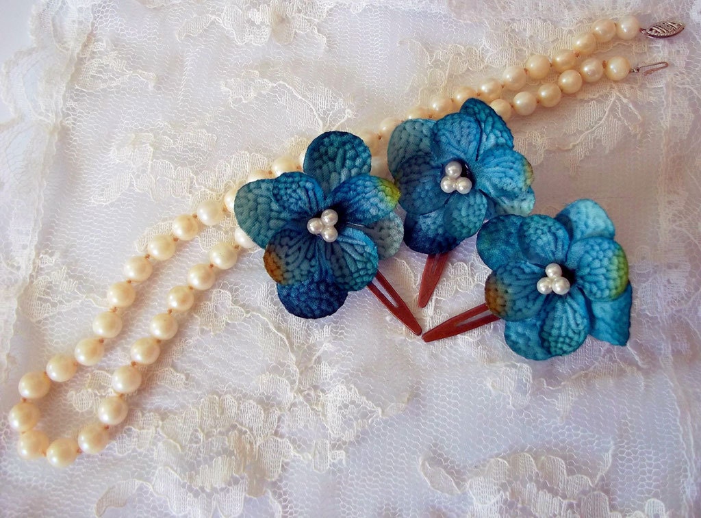 Hydrangea Bridal Hair Clip, set of 3, ocean blue, turquoise, teal