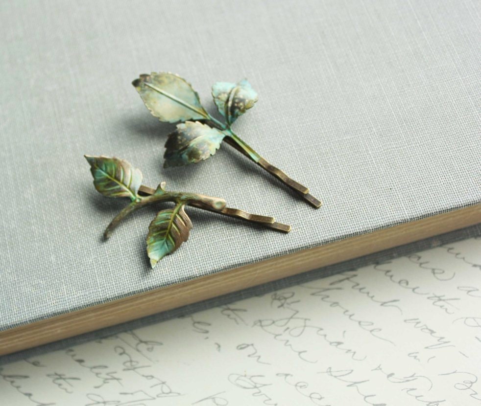 Branch Bobby Pins, Leaf, Verdigris Green, Woodland Wedding Hair Accessories, Bobby Pins, Pair of Leaves, Bridal Accessories