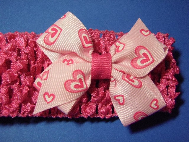 Pink Heart Hairbow With Interchangeable Crochet Headband - For Infant Toddler Girl