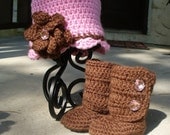 Chocolate Brown and Pink Beanie and Boot Set