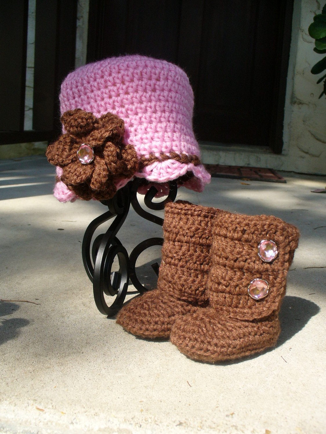 Chocolate Brown and Pink Beanie and Boot Set