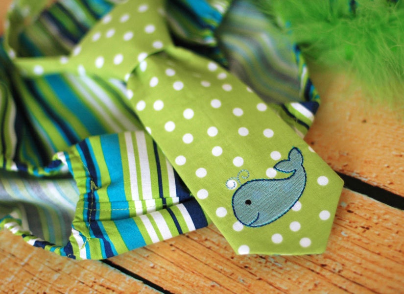 Boys Birthday Party Hat, Diaper Cover and Tie - Perfect for First Birthday, Smash Cake Pics, Photo Prop - Whale in Lime and Blues