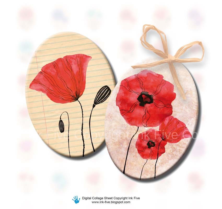 18x25 mm ovals Field of Poppy Flowers. Digital collage sheet for cabochons, pendants, jewelry, cameos. Printable 18 x 25 mm oval download.