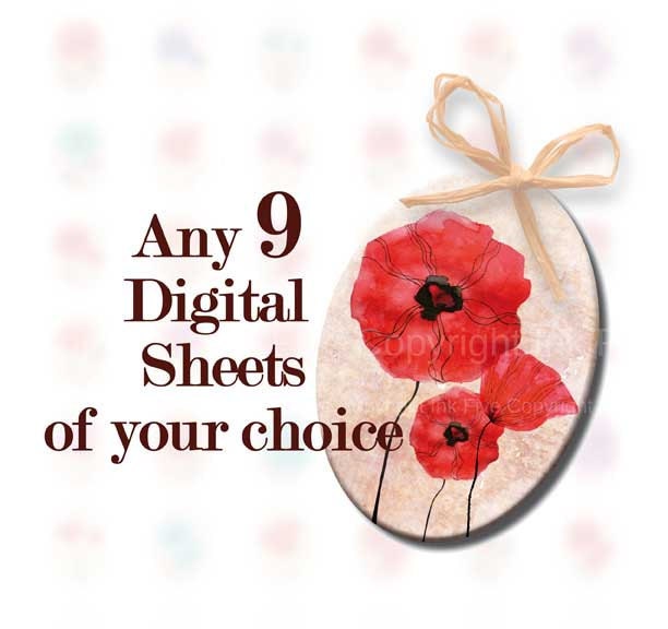 Any 9 Digital Collage Sheets of your choice. Images for cabochons, pendants, jewelry, embellishments, bottle caps. Printable downloads