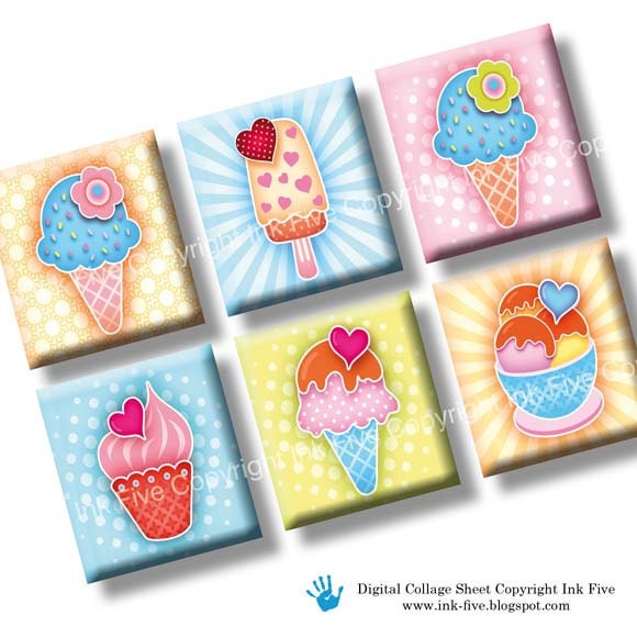 Scrabble tile images  Summer Sweet Ice Cream 0.75x0.83 inch squares. Two 4x6'' Collage Sheets for scrabble size pendants. Digital download.