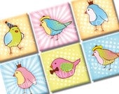 Pastel Birds Digital Collage Sheet. Printable square images 1x1 inch - digital download and print images for pendant . Spring summer.
