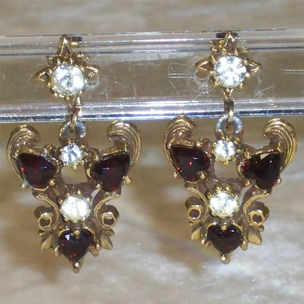 Vintage Rhinestone Earrings 1940s Red Hollywood Regency