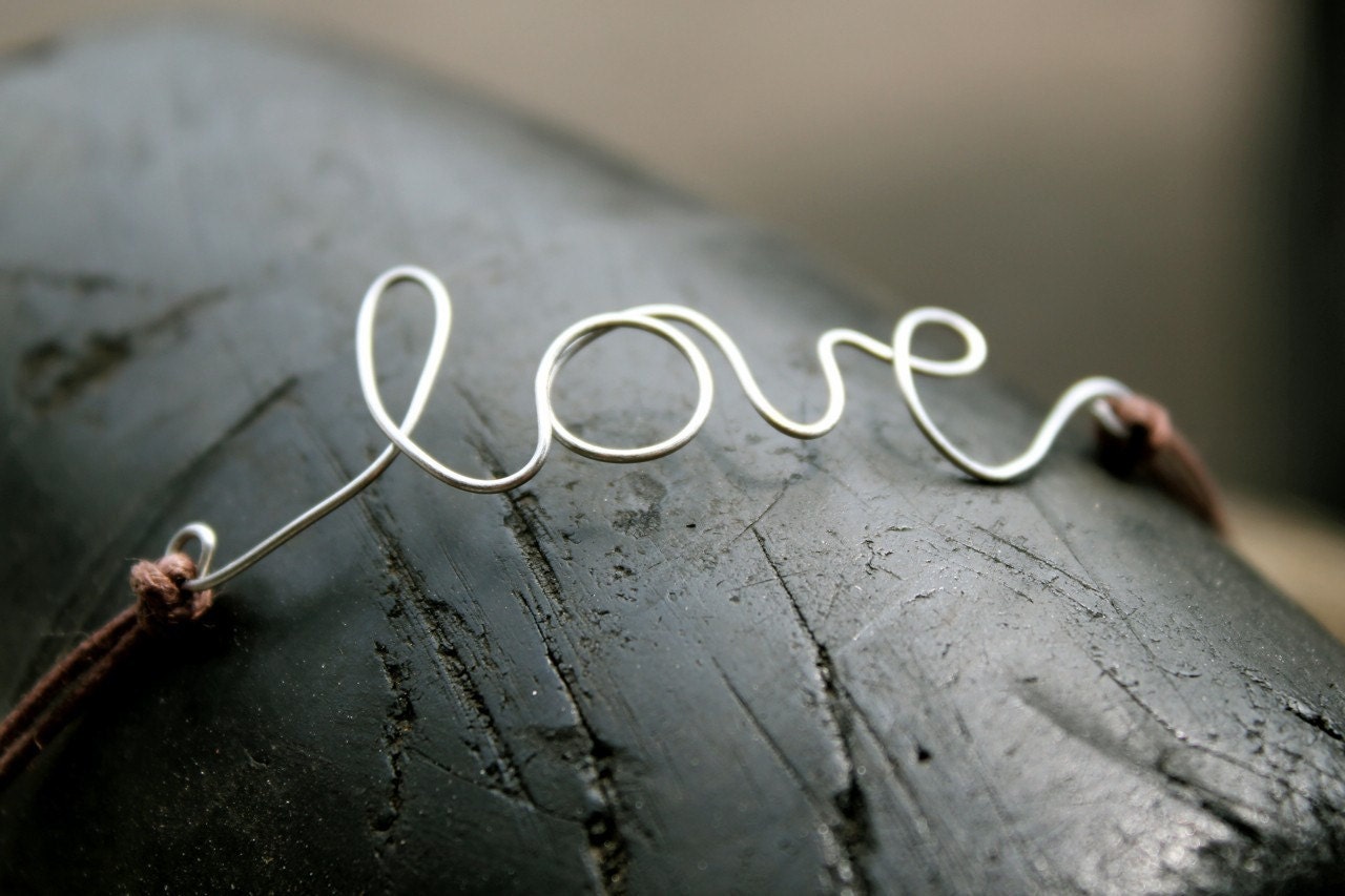 Love Bracelet : Dear Diary.. Original Silver Handwritten Cursive Wire 'LOVE' Bracelet with Brown Cotton Cord, Adjustable Closure, Crimp Bead