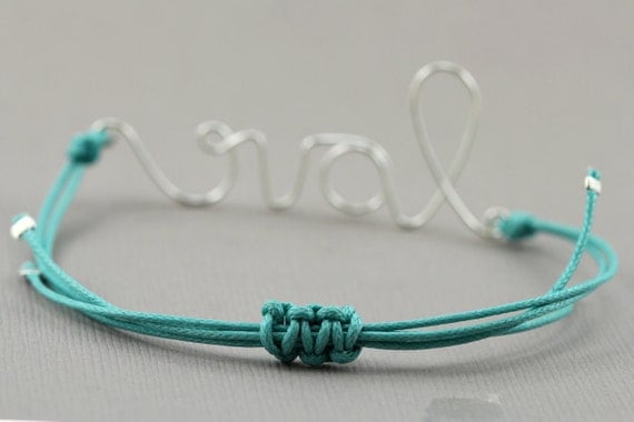 Wire Love Bracelet : Breeze. Silver Handwritten Cursive Wire 'LOVE' Bracelet with Blue Cotton Cord, Adjustable Closure, Affirmation Bracelet