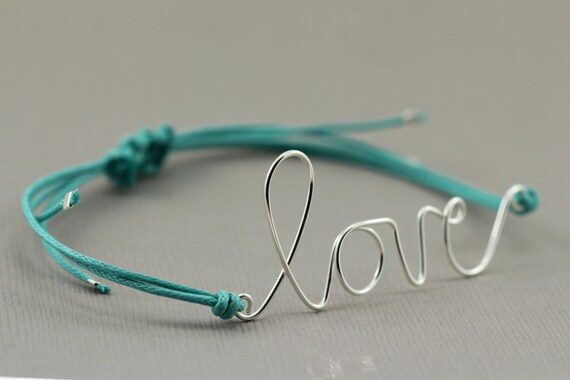 Wire Love Bracelet : Breeze. Silver Handwritten Cursive Wire 'LOVE' Bracelet with Blue Cotton Cord, Adjustable Closure, Affirmation Bracelet