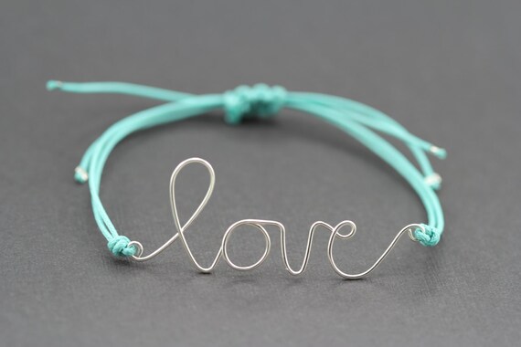 Wire Love Bracelet : Breeze. Silver Handwritten Cursive Wire 'LOVE' Bracelet with Blue Cotton Cord, Adjustable Closure, Affirmation Bracelet