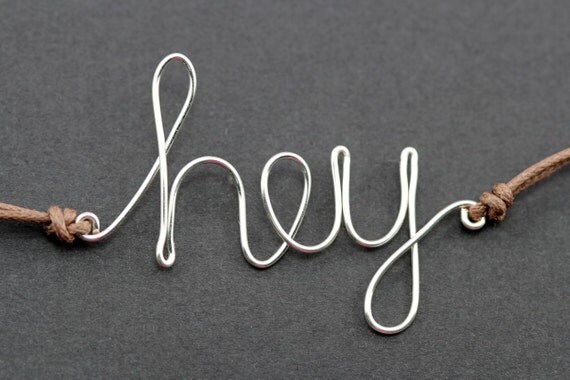 Hey Bracelet : Silver Handwritten Cursive Wire 'HEY' Bracelet with Chocolate Brown Cotton Cord, Adjustable, Crimp Beads, Greeting