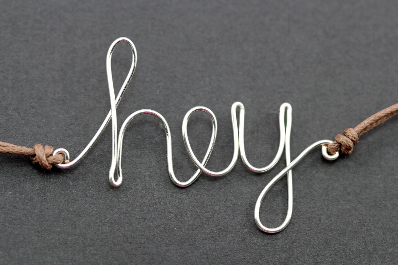 Hey Bracelet : Silver Handwritten Cursive Wire 'HEY' Bracelet with Chocolate Brown Cotton Cord, Adjustable, Crimp Beads, Greeting