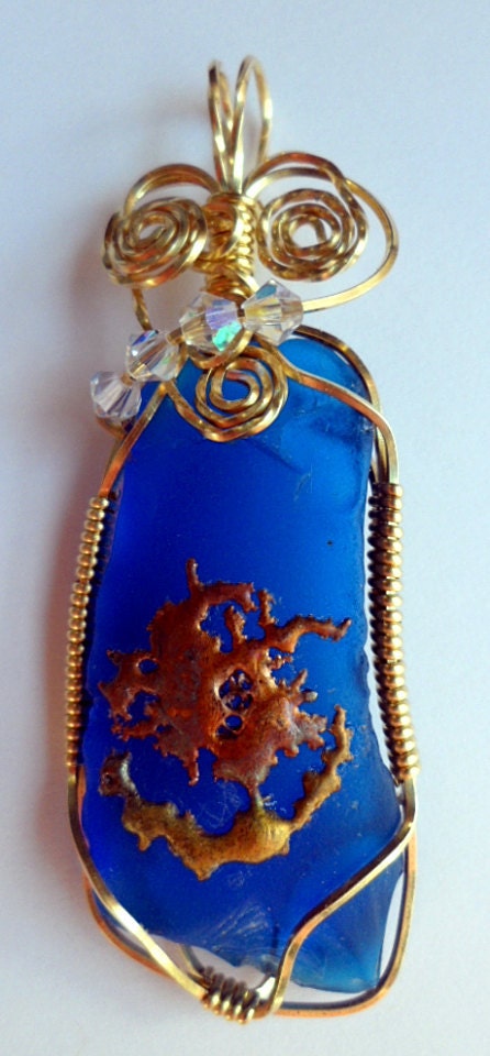 Wire Wrapped Authentic Cobalt Blue Beach Glass with Copper Splash Pendant