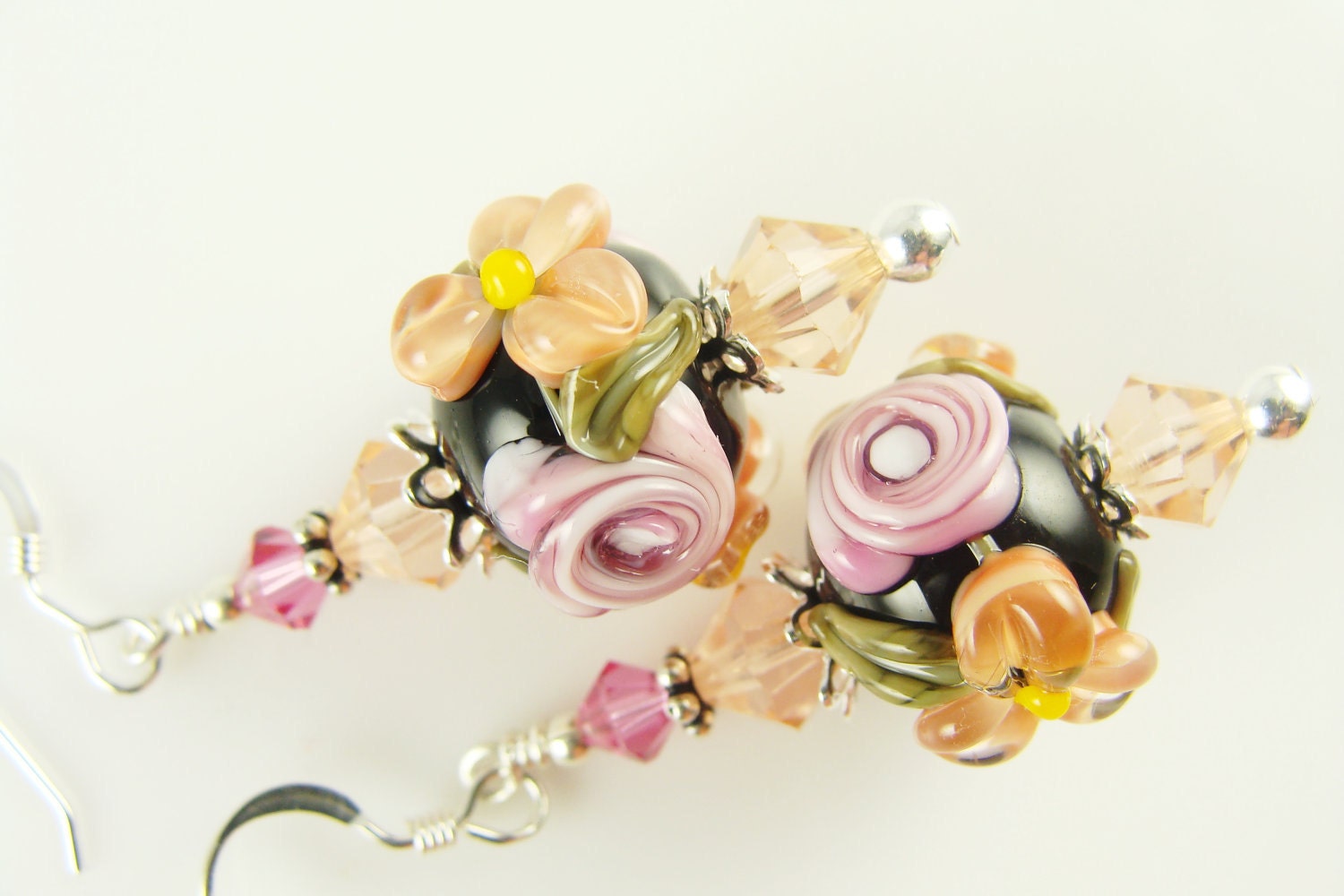 Peach Flower Lampwork Earrings, Pink Rose Glass Bead Earrings, Black Dangle Earrings,  Lampwork Jewelry, Beadwork Earrings