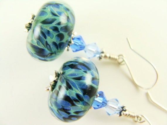 Blue Green Boro Glass Lampwork Earrings, Black Green Blue Glass Bead Earrings, Periwinkle Boro Glass Earrings - Spotted Green