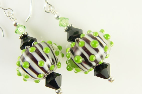 Black White Earrings, Green Dangle Earrings, Glass Bead Earrings, Lime Lampwork Earrings, Lampwork Jewelry, Green Earrings